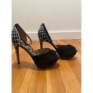 Sam Edelman Paulette Heels Y2K Black‎ Suede Platform Ankle Strap Size 8.5 EUC